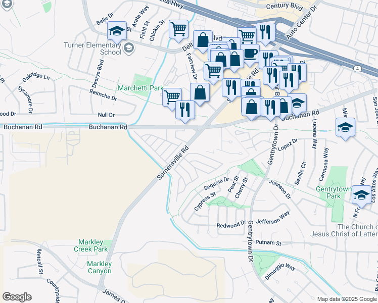 map of restaurants, bars, coffee shops, grocery stores, and more near 147 Paulette Way in Antioch