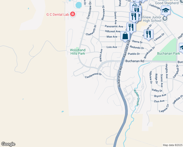 map of restaurants, bars, coffee shops, grocery stores, and more near 8 Castlewood Drive in Pittsburg
