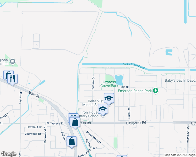 map of restaurants, bars, coffee shops, grocery stores, and more near 19 Escher Circle in Oakley