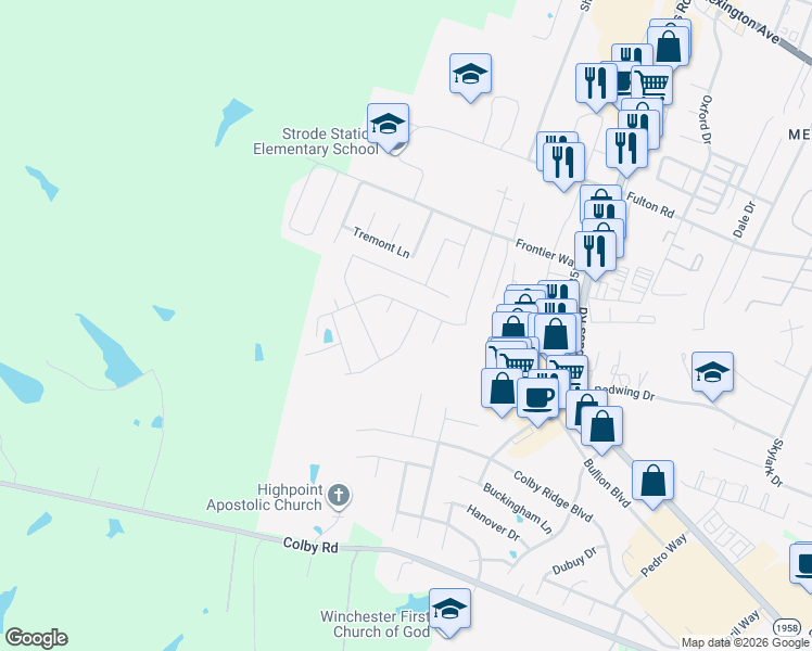 map of restaurants, bars, coffee shops, grocery stores, and more near 425 Wellington Way in Winchester