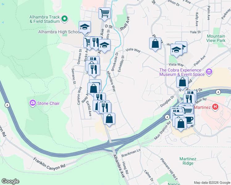 map of restaurants, bars, coffee shops, grocery stores, and more near Alhambra Way & Linden Lane in Martinez