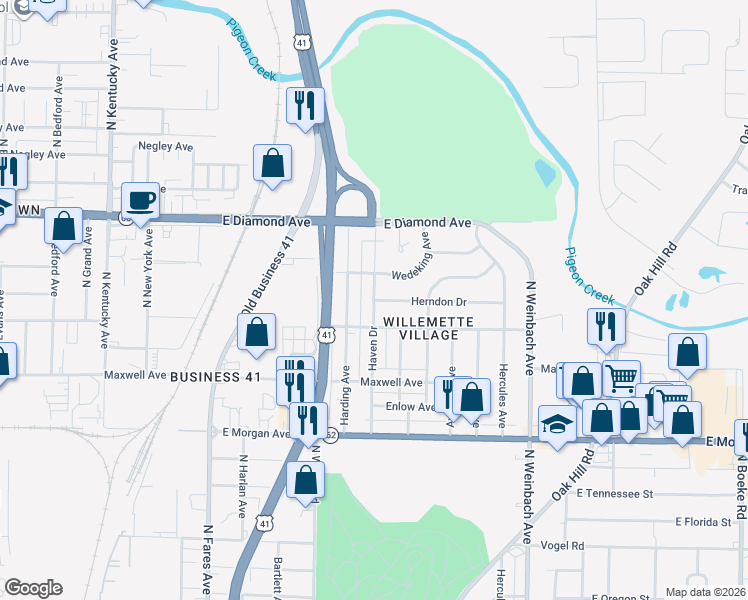 map of restaurants, bars, coffee shops, grocery stores, and more near 2101 Haven Drive in Evansville