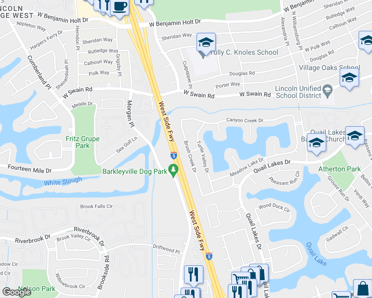 map of restaurants, bars, coffee shops, grocery stores, and more near 5809 Brush Creek Drive in Stockton