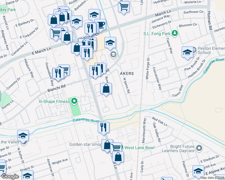 map of restaurants, bars, coffee shops, grocery stores, and more near 1637 Bonaire Cir in Stockton