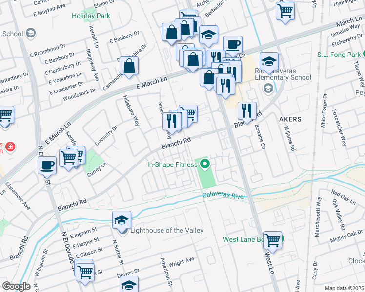 map of restaurants, bars, coffee shops, grocery stores, and more near 4494 Townehome Drive in Stockton