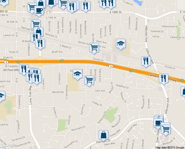 map of restaurants, bars, coffee shops, grocery stores, and more near 2725 Stamm Drive in Antioch