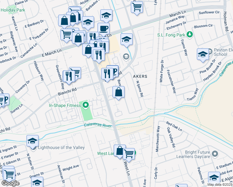 map of restaurants, bars, coffee shops, grocery stores, and more near 4770 West Lane in Stockton