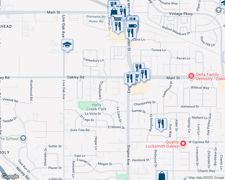 map of restaurants, bars, coffee shops, grocery stores, and more near 2085 Springbrook Court in Oakley