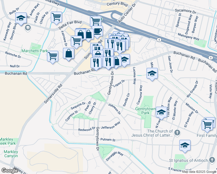 map of restaurants, bars, coffee shops, grocery stores, and more near 2856 Gentrytown Drive in Antioch