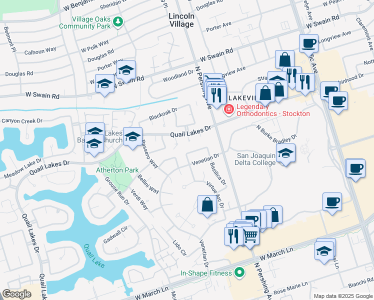 map of restaurants, bars, coffee shops, grocery stores, and more near 1527 San Rocco Circle in Stockton