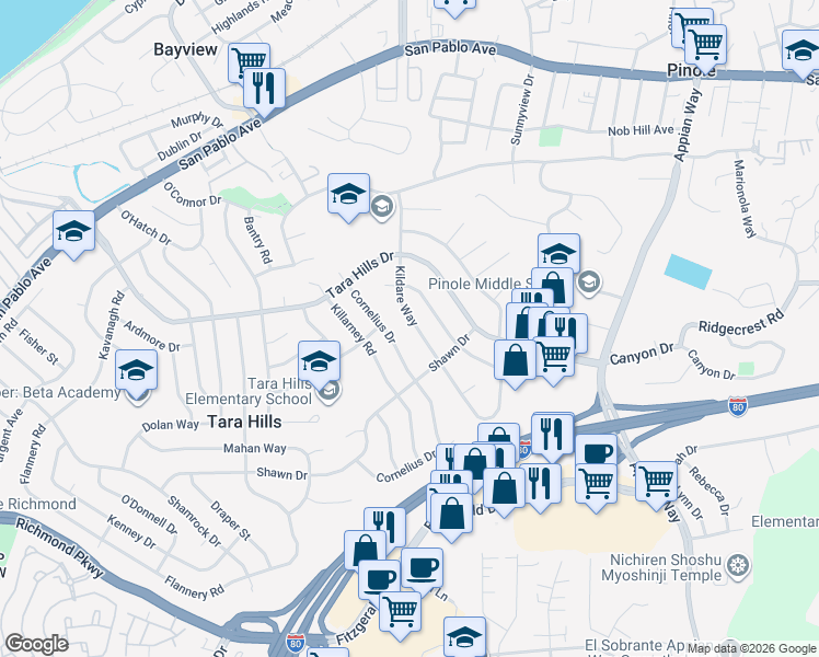 map of restaurants, bars, coffee shops, grocery stores, and more near 1544 Kildare Way in Pinole