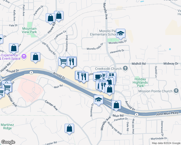 map of restaurants, bars, coffee shops, grocery stores, and more near 1005 Village Oaks Drive in Martinez