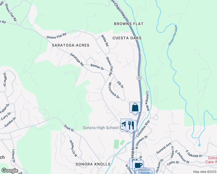 map of restaurants, bars, coffee shops, grocery stores, and more near 108 Mccormick Drive in Sonora
