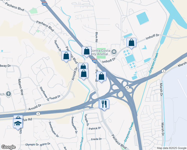 map of restaurants, bars, coffee shops, grocery stores, and more near 4970 Blum Road in Martinez