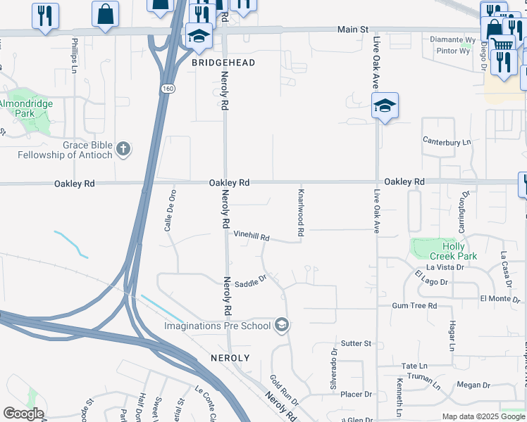 map of restaurants, bars, coffee shops, grocery stores, and more near 2960 Almondwood Place in Oakley