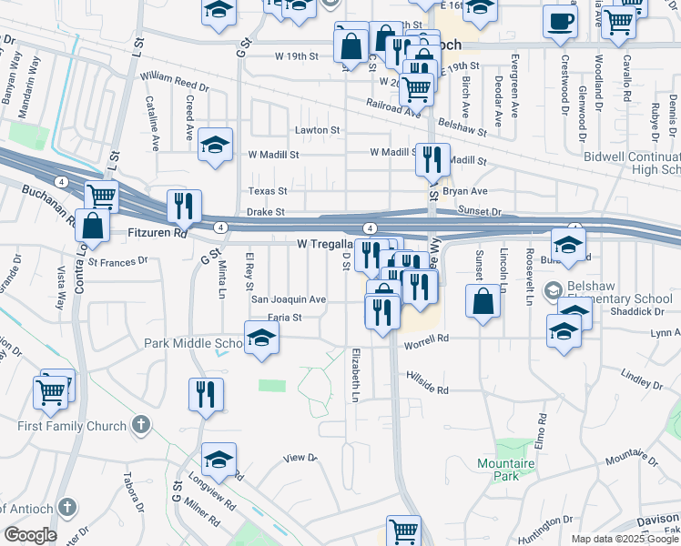 map of restaurants, bars, coffee shops, grocery stores, and more near 2734 D Street in Antioch