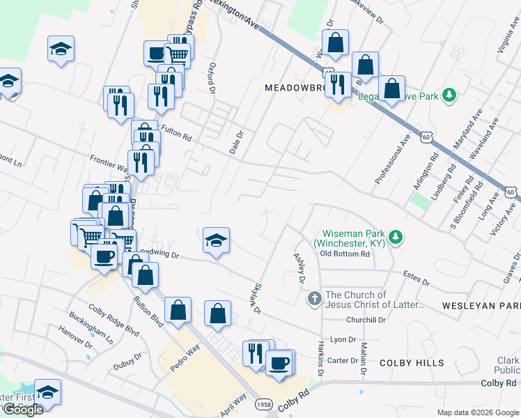 map of restaurants, bars, coffee shops, grocery stores, and more near 401 Cedar Court in Winchester