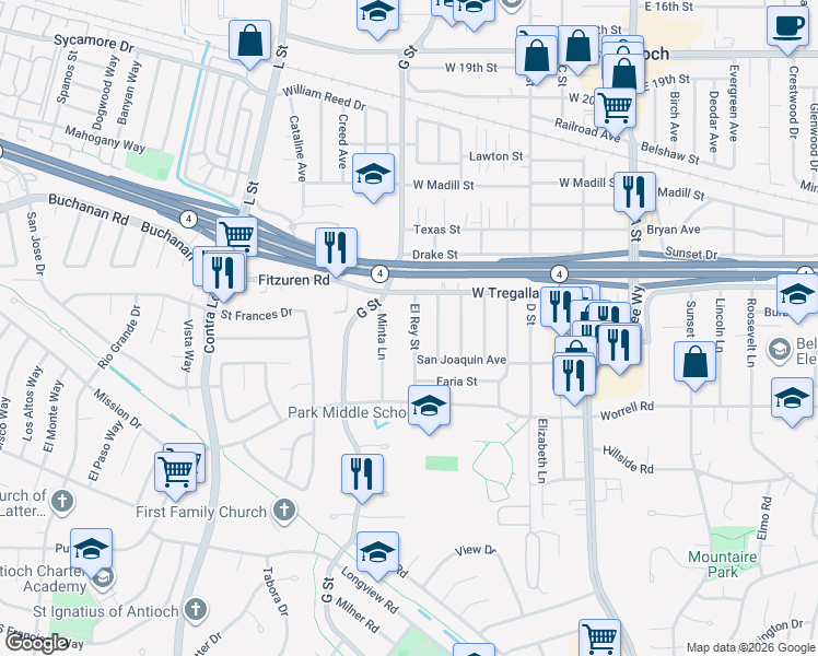 map of restaurants, bars, coffee shops, grocery stores, and more near 2736 El Rey Street in Antioch