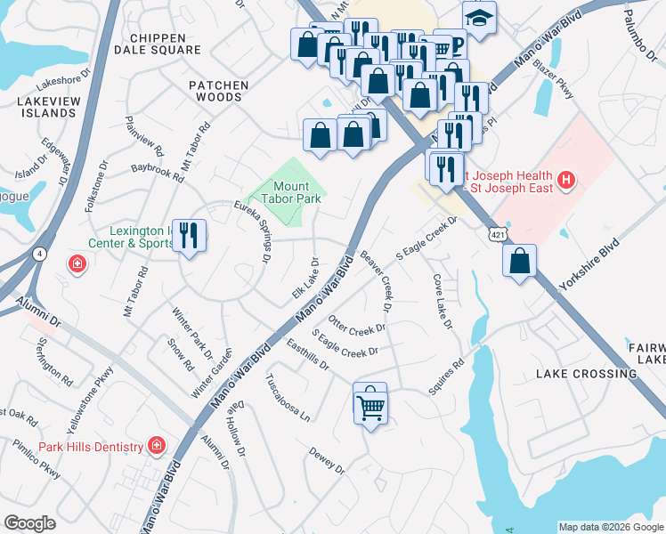 map of restaurants, bars, coffee shops, grocery stores, and more near 3212 Elk Lake Court in Lexington