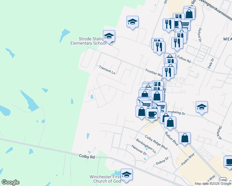map of restaurants, bars, coffee shops, grocery stores, and more near 425 Wellington Way in Winchester