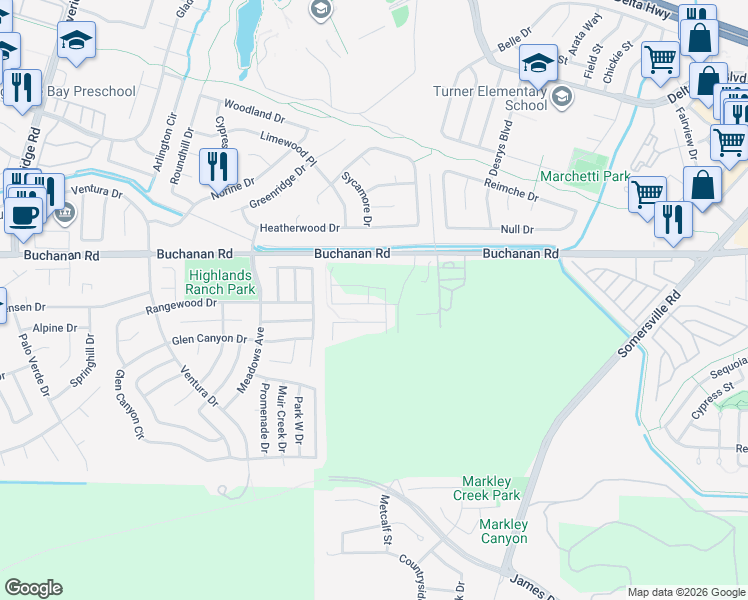 map of restaurants, bars, coffee shops, grocery stores, and more near 131 Orchard Way in Pittsburg