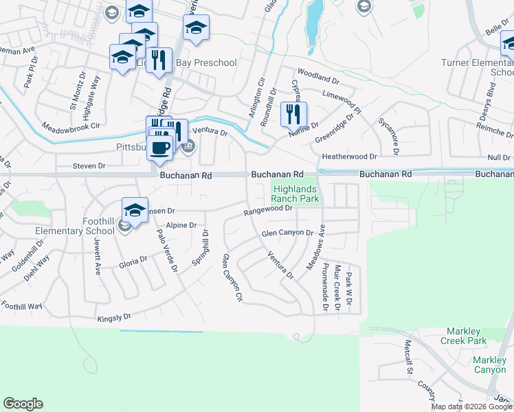 map of restaurants, bars, coffee shops, grocery stores, and more near 167 Rangewood Drive in Pittsburg