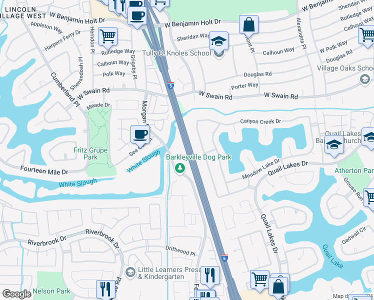 map of restaurants, bars, coffee shops, grocery stores, and more near West Side Fwy in Stockton