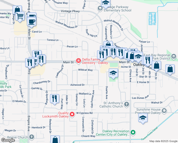 map of restaurants, bars, coffee shops, grocery stores, and more near 1485 Wildcat Way in Oakley