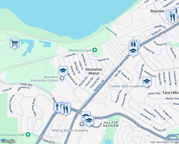 map of restaurants, bars, coffee shops, grocery stores, and more near 1431 Rachel Road in San Pablo