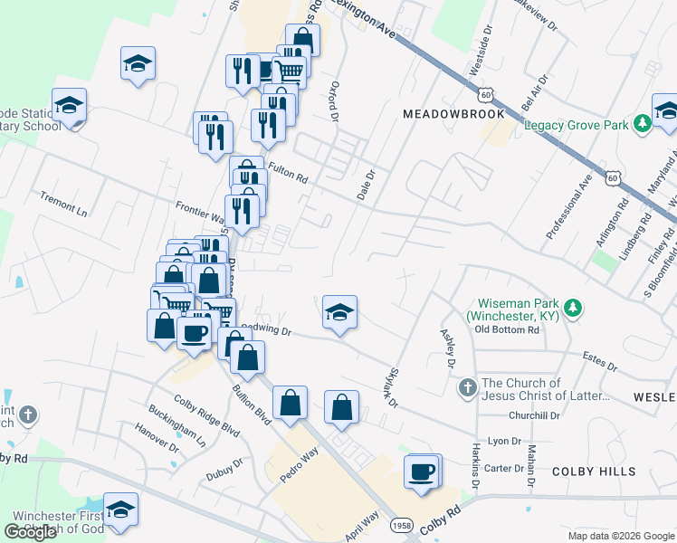 map of restaurants, bars, coffee shops, grocery stores, and more near 1138 Dale Drive in Winchester
