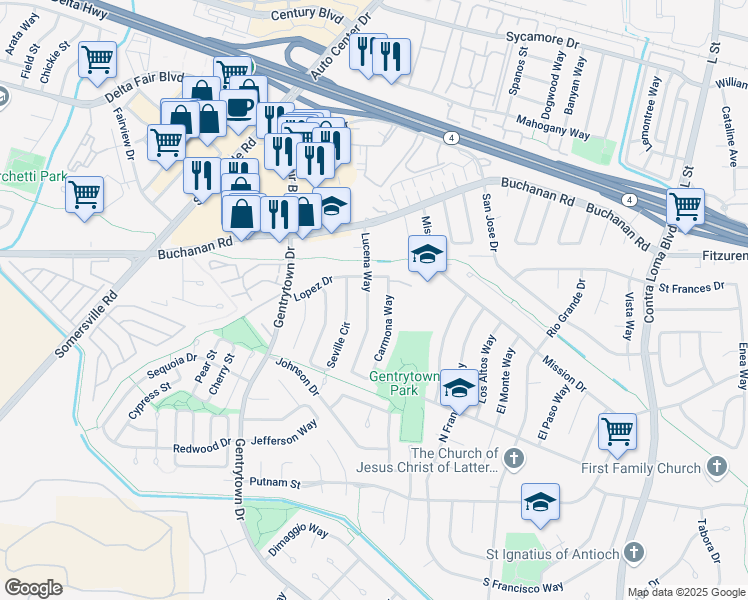 map of restaurants, bars, coffee shops, grocery stores, and more near 2811 Lucena Way in Antioch
