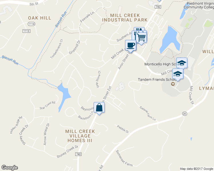 map of restaurants, bars, coffee shops, grocery stores, and more near 1452 Gray Stone Court in Charlottesville