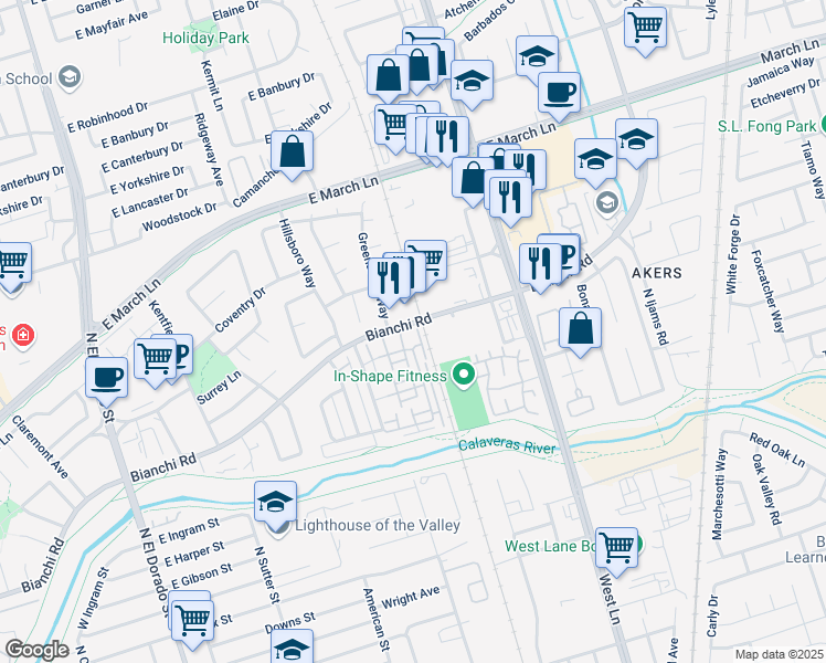 map of restaurants, bars, coffee shops, grocery stores, and more near 4494 Townehome Drive in Stockton