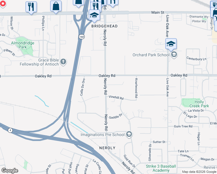 map of restaurants, bars, coffee shops, grocery stores, and more near 2990 Almondwood Place in Oakley
