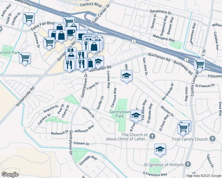 map of restaurants, bars, coffee shops, grocery stores, and more near 2811 Lucena Way in Antioch