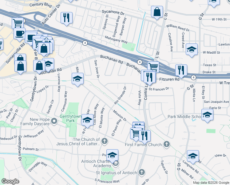 map of restaurants, bars, coffee shops, grocery stores, and more near 1316 San Jose Drive in Antioch