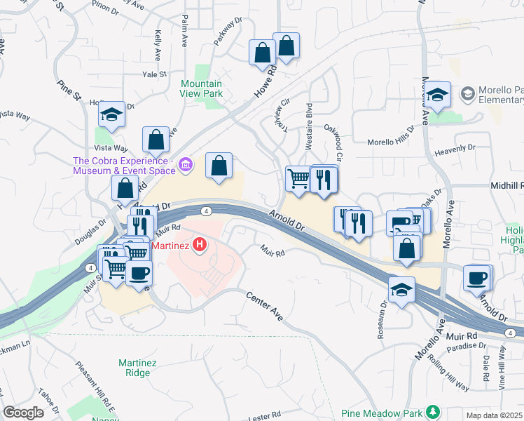 map of restaurants, bars, coffee shops, grocery stores, and more near 996 Arnold Drive in Martinez