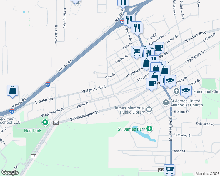 map of restaurants, bars, coffee shops, grocery stores, and more near 502 West James Boulevard in Saint James