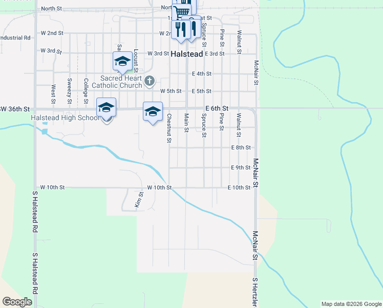 map of restaurants, bars, coffee shops, grocery stores, and more near 806 Main Street in Halstead