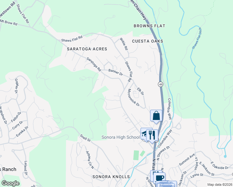 map of restaurants, bars, coffee shops, grocery stores, and more near 866 Shaws Flat Rd in Sonora