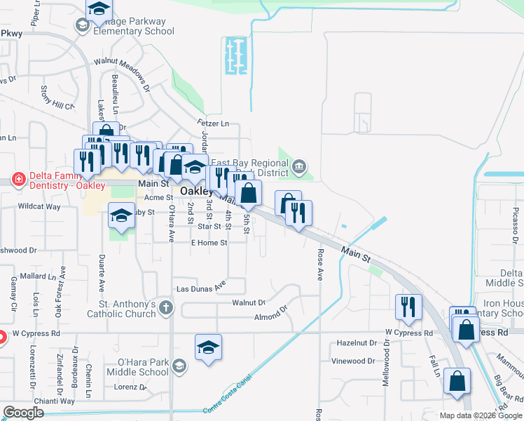 map of restaurants, bars, coffee shops, grocery stores, and more near 3780 Main Street in Oakley