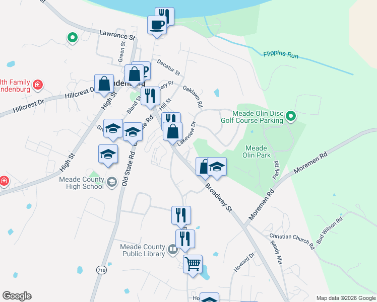map of restaurants, bars, coffee shops, grocery stores, and more near 541 Burnett Avenue in Brandenburg