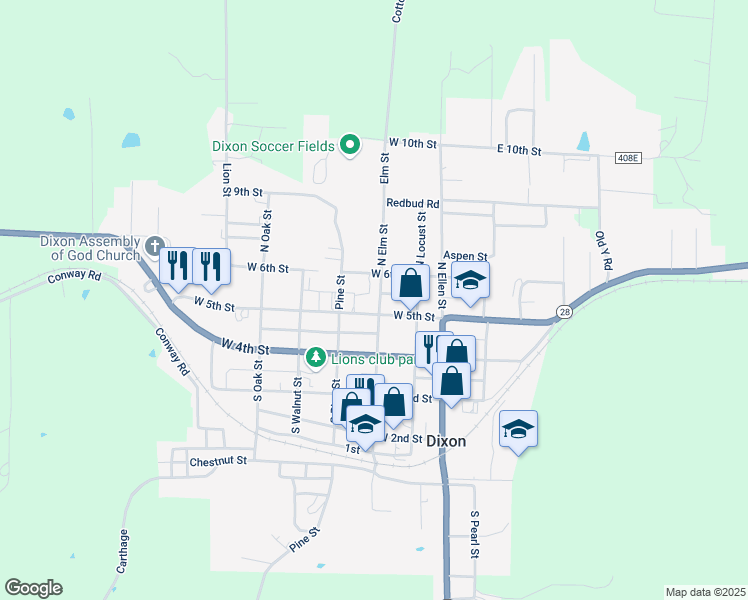 map of restaurants, bars, coffee shops, grocery stores, and more near 102 N Elm St in Dixon