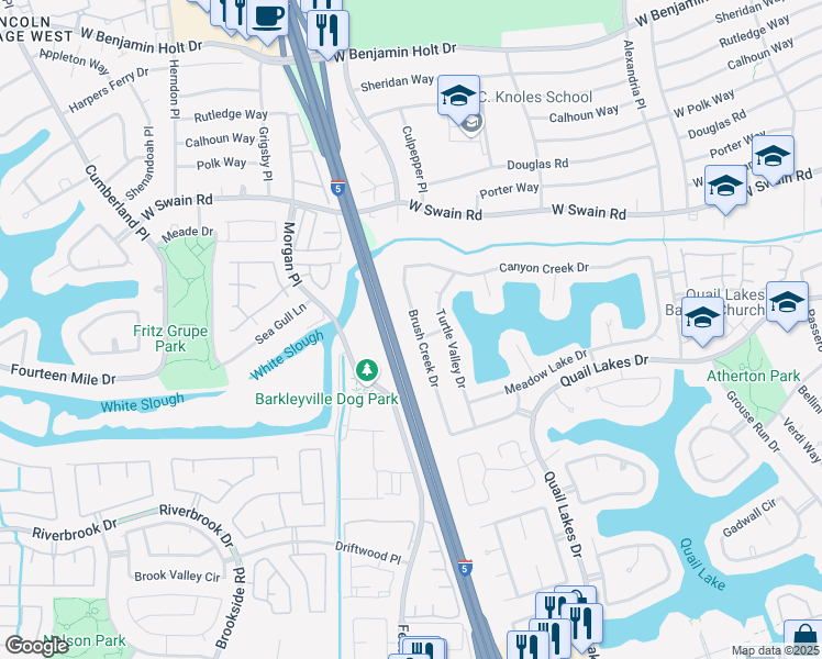 map of restaurants, bars, coffee shops, grocery stores, and more near 5815 Brush Creek Drive in Stockton