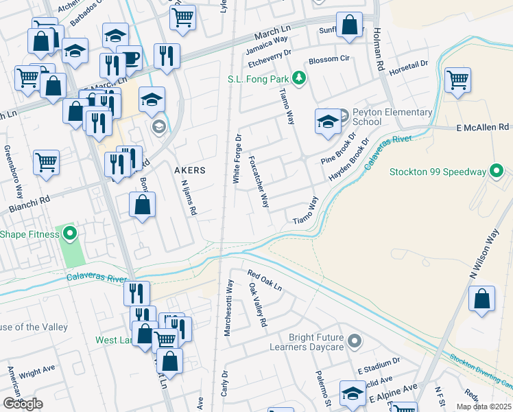 map of restaurants, bars, coffee shops, grocery stores, and more near 4418 Harmony Hill Way in Stockton