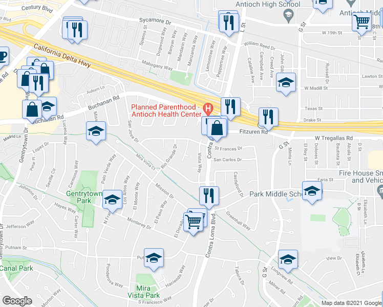 map of restaurants, bars, coffee shops, grocery stores, and more near 1110 Encina Court in Antioch
