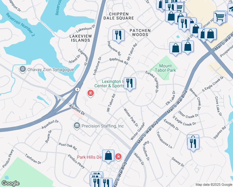 map of restaurants, bars, coffee shops, grocery stores, and more near 2800 Tilden Road in Lexington