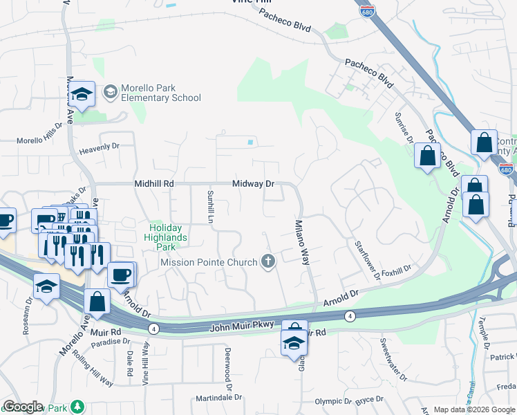 map of restaurants, bars, coffee shops, grocery stores, and more near 2214 Forsythia Way in Martinez