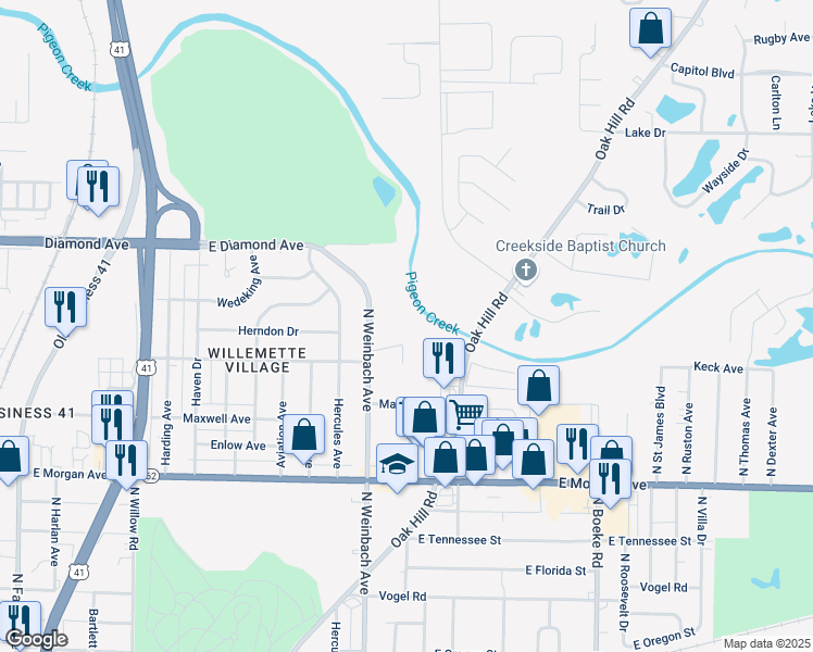 map of restaurants, bars, coffee shops, grocery stores, and more near 2015 North Weinbach Avenue in Evansville