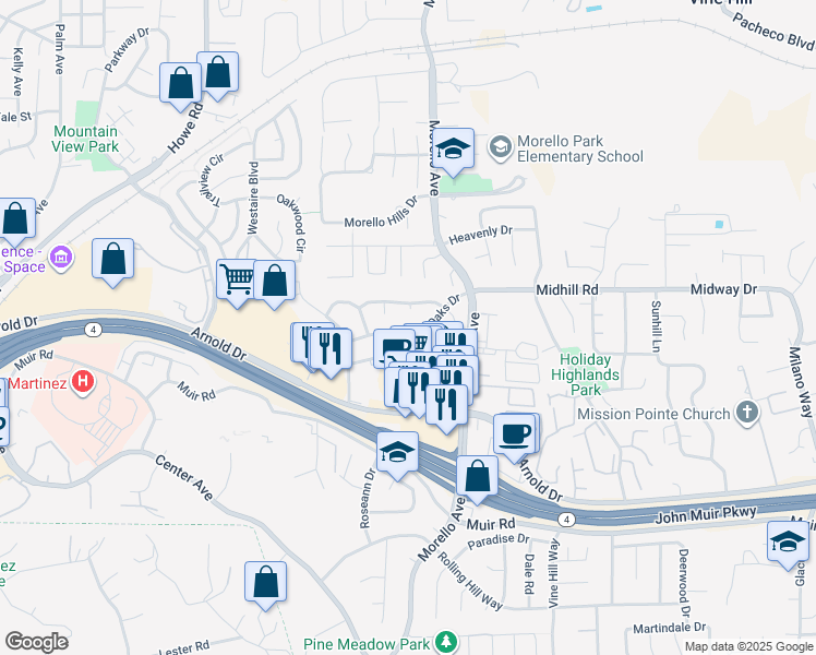 map of restaurants, bars, coffee shops, grocery stores, and more near 1039 Village Oaks Drive in Martinez